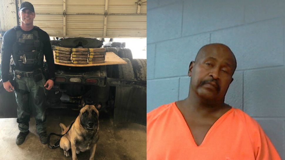 Left: Sgt. Randy Thumann and K-9 Lobos pose with the 16 kilos of cocaine seized on May 22, 2018. Right: Suspect Steve Palmer appears in a booking photo. (Fayette County Sheriff's Office)