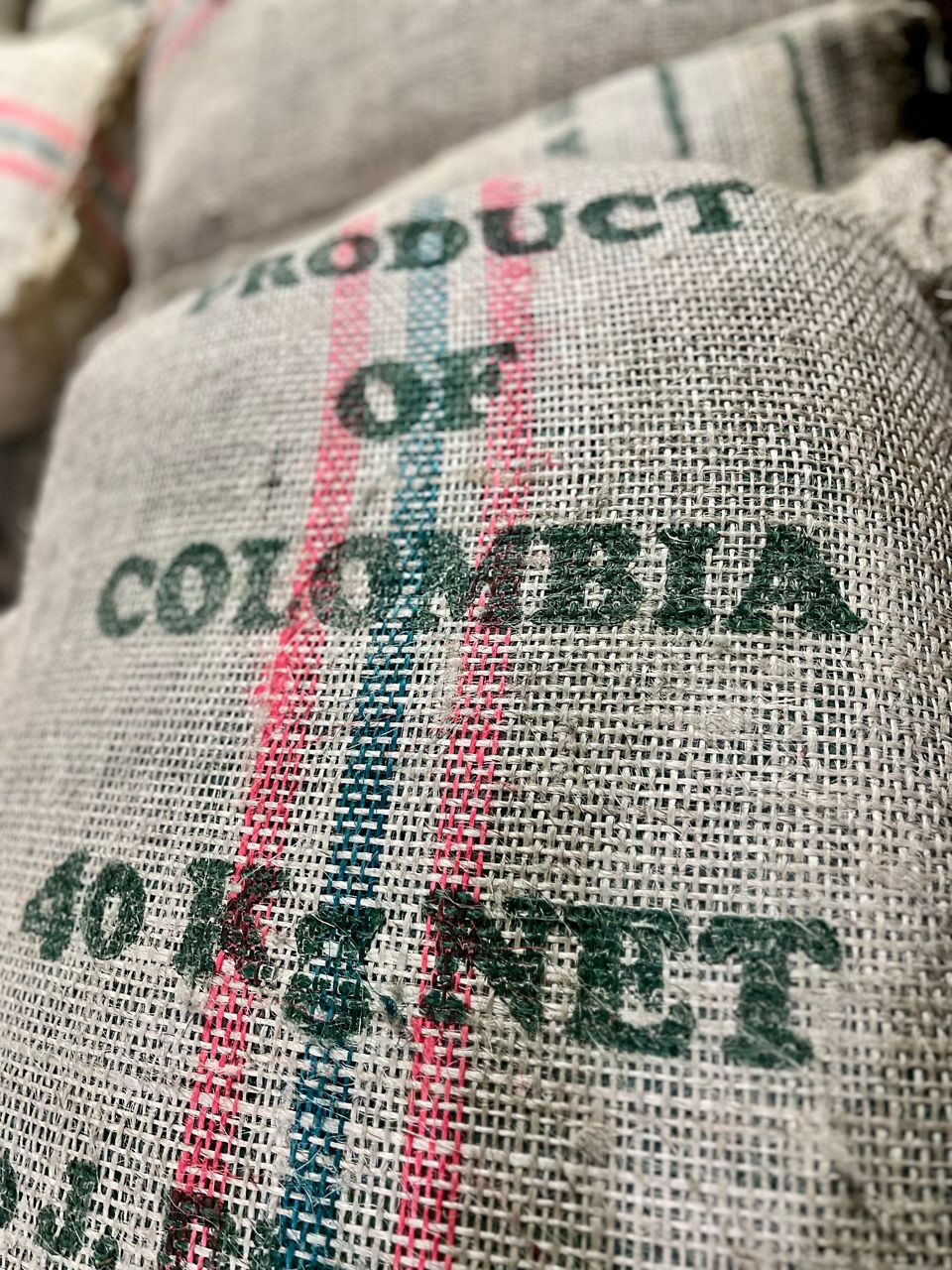 A 40 kilogram bag of coffee prepared for shipment at Hacienda El Roble in Los Santos, Santander, Colombia.