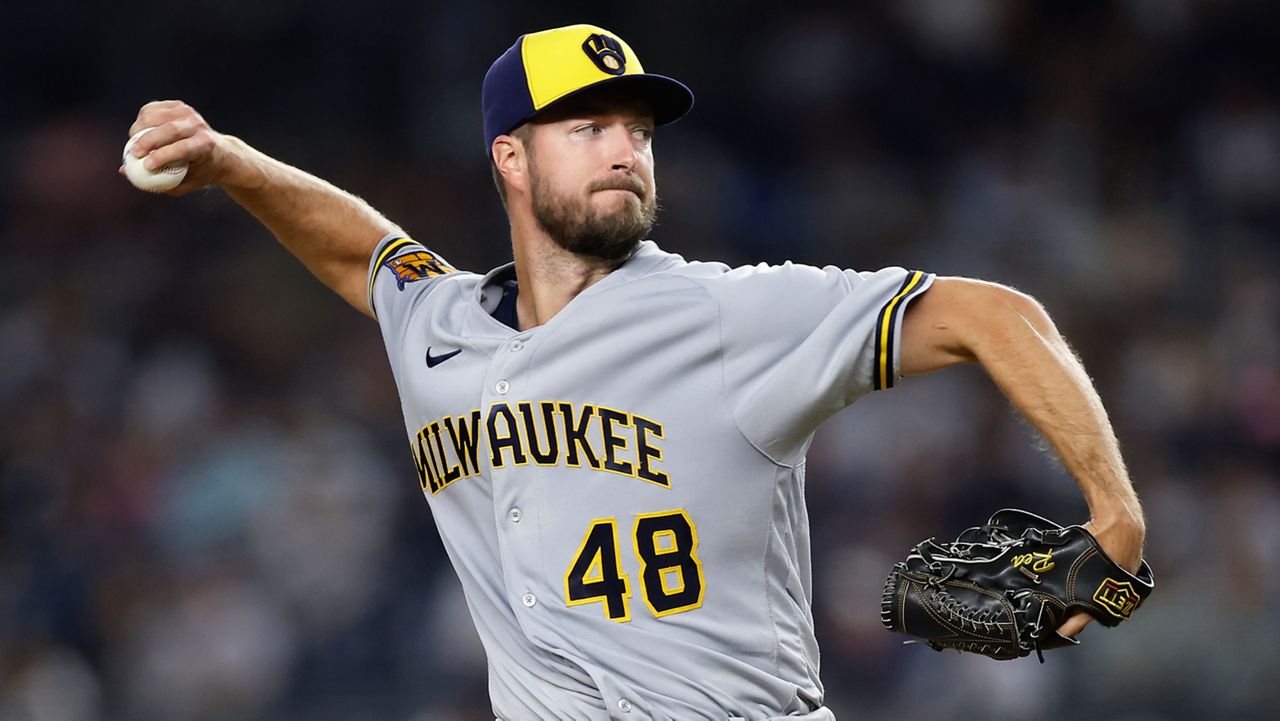 Milwaukee Brewers pitcher Colin Rea pitches against the New York Yankees during the third inning of a baseball game, Sept. 8, 2023, in New York. 