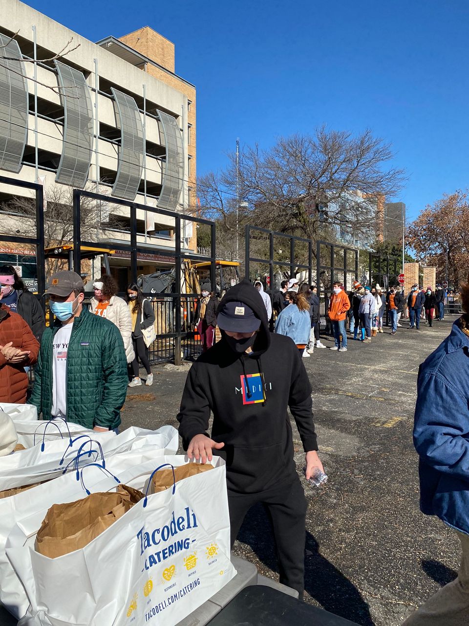 Students are treated to tacos on the campus of University of Texas at Austin in this image from February 20, 2021. (Travis Recek/Spectrum News 1)