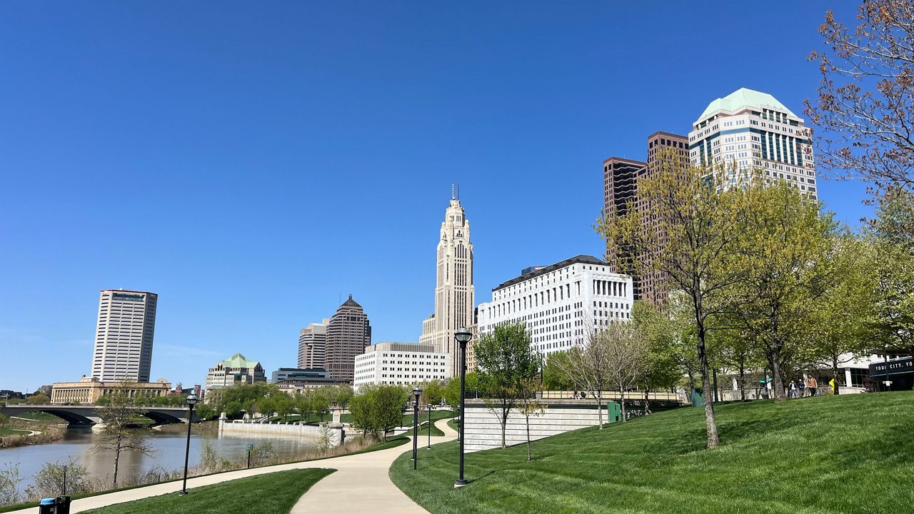 The Columbus, Ohio skyline at Bicentennial Park on Monday, April 22, 2024. (Spectrum News 1/AJ Hymiller)