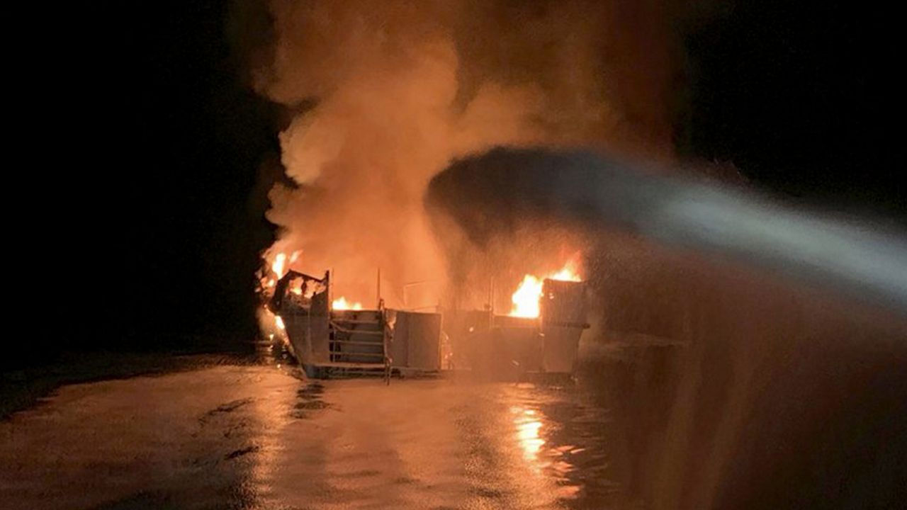  In this Sept. 2, 2019, file photo provided by the Ventura County Fire Department, firefighters respond to a fire aboard the Conception dive boat fire in the Santa Barbara Channel off the coast of Southern California. (Ventura County Fire Department via AP, File)
