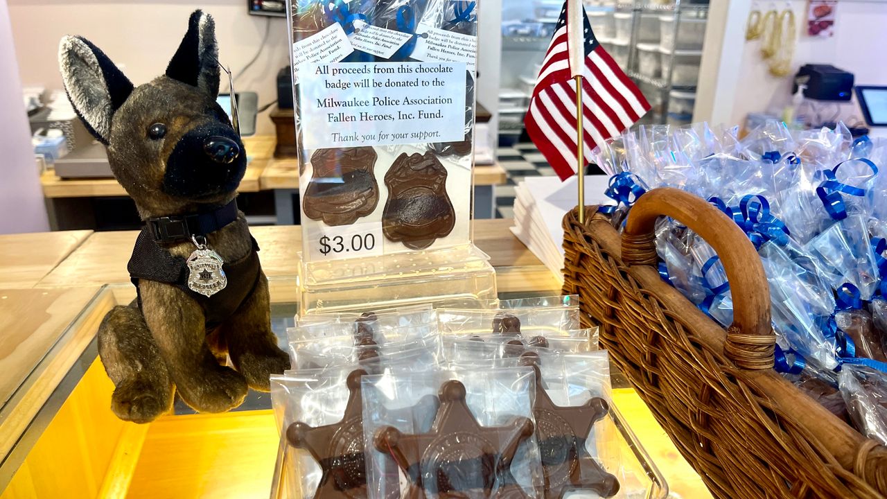 Ultimate Confections started making chocolate police badges in 2019 after Milwaukee Police Officer Matthew Rittner was killed in the line of duty. All proceeds benefit MPA Fallen Heroes' fund. (Spectrum News 1/Wendy Strong)