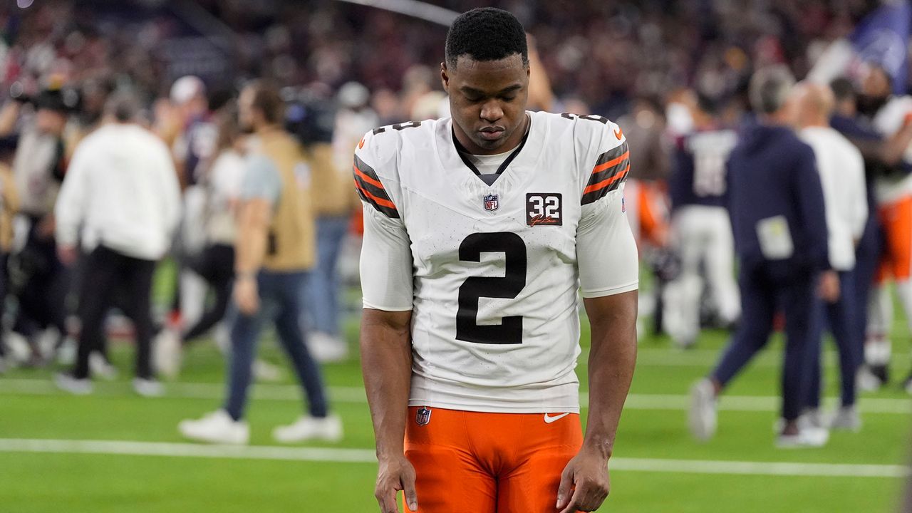 Cleveland Browns wide receiver Amari Cooper leaves the field after their loss against the Houston Texans in an NFL wild-card playoff football game Saturday, Jan. 13, 2024, in Houston. (AP Photo/David J. Phillip)