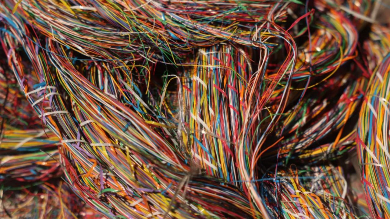 Copper wire is displayed after a bust led to the arrests of 82 people and seizure of 2,000 pounds of copper by the LAPD in July 2024. (Los Angeles Times/Michael Blackshire)