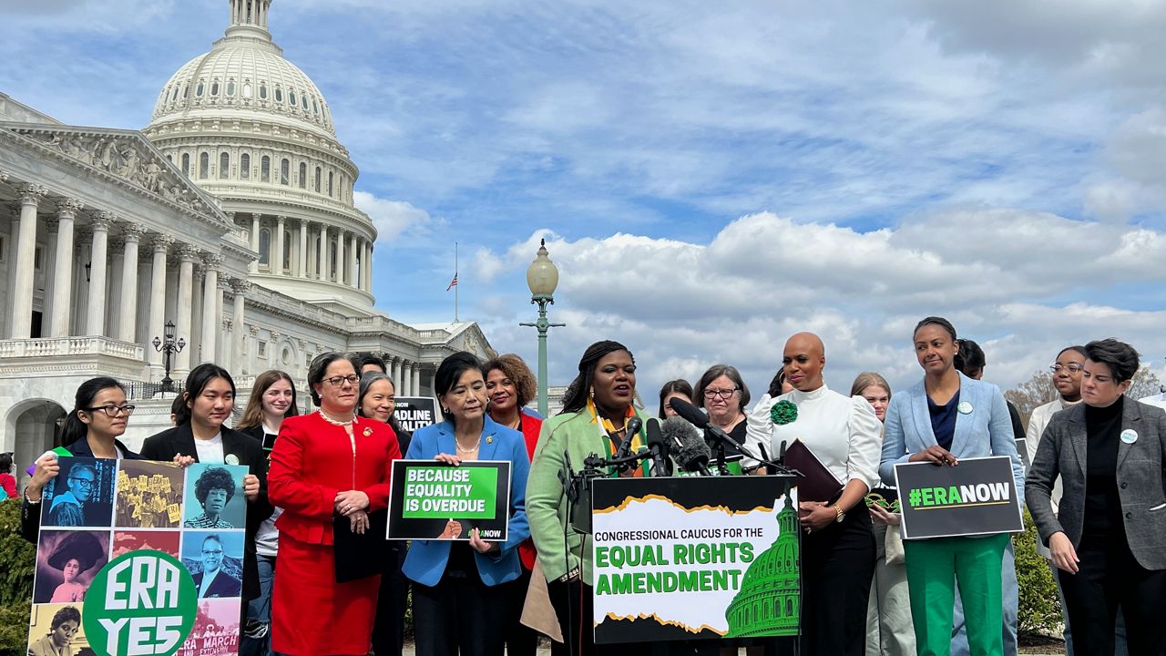 Rep. Cori Bush, D-Mo., speaks to reporters at an event marking a new Congressional caucus, seeking to recognize the Equal Rights Amendment, outside the U.S. Capitol building. (Spectrum News/Cassie Semyon)