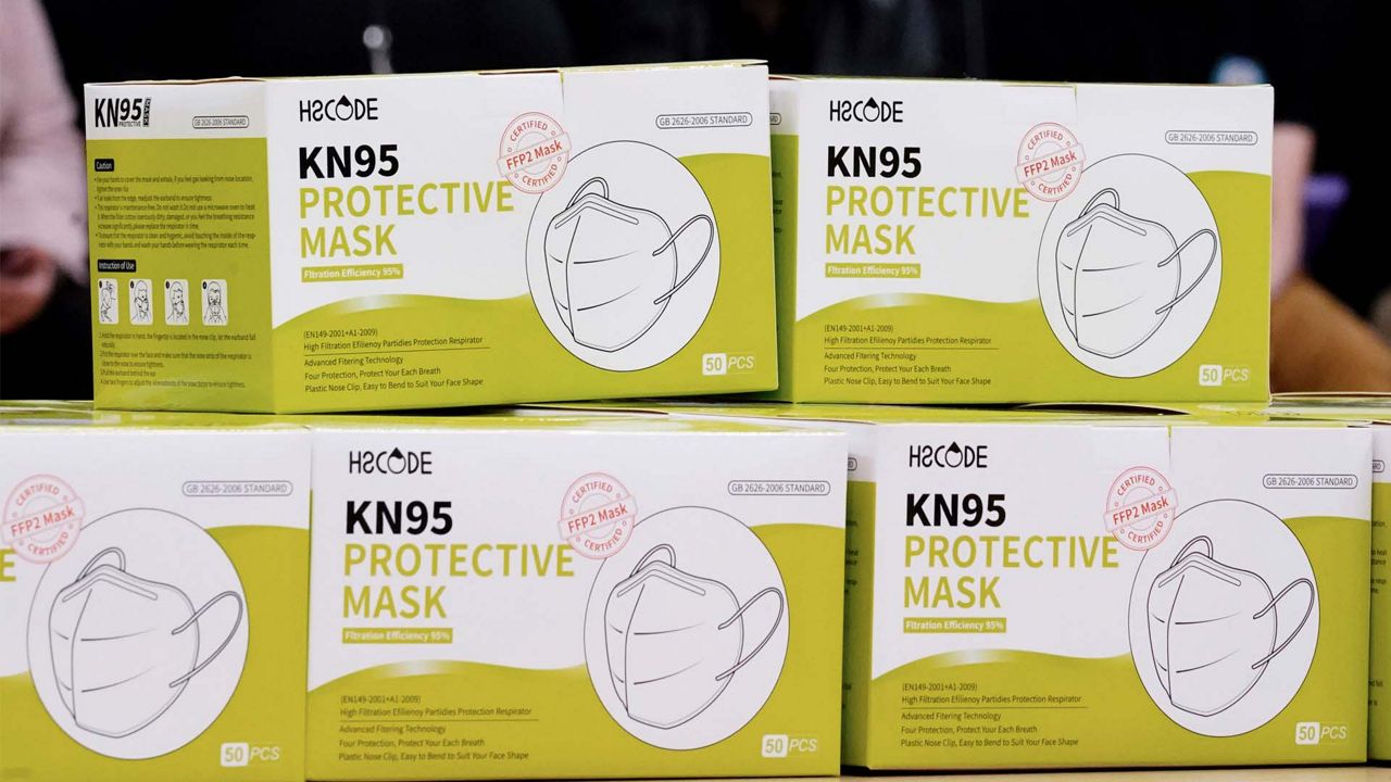 Shown are KN95 protective masks before being distributed to students at Camden High School in Camden, N.J., Wednesday, Feb. 9, 2022. As the omicron wave of the coronavirus subsides, several U.S. states including New York and Illinois ended mask mandates this week for indoor settings, while others lifted requirements at schools. (AP Photo/Matt Rourke)