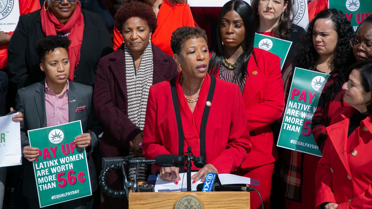City Council Speaker Adrienne Adams, center, spoke at a rally for pay equity for women at City Hall, March 15, 2022. (William Alatriste/NYC Council Media Unit)