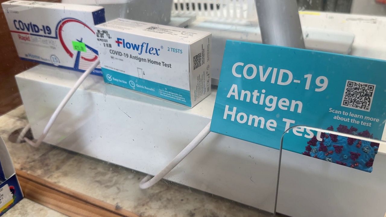 COVID-19 test kits sit on display at Greenwood Pharmacy in Lake Mary. (Spectrum News)