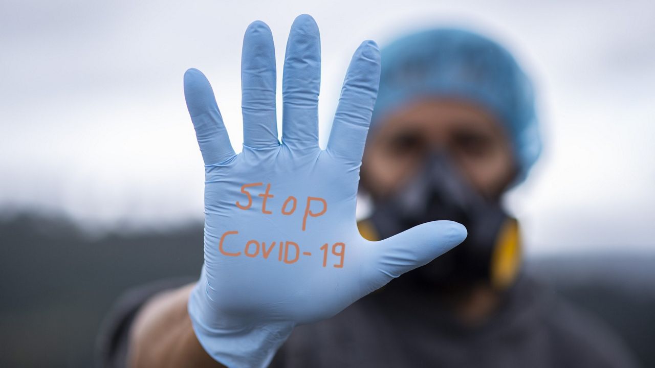 A person shows a gloved hand, which has the words “stop covid-19” written on it (photo credit: Pixabay)