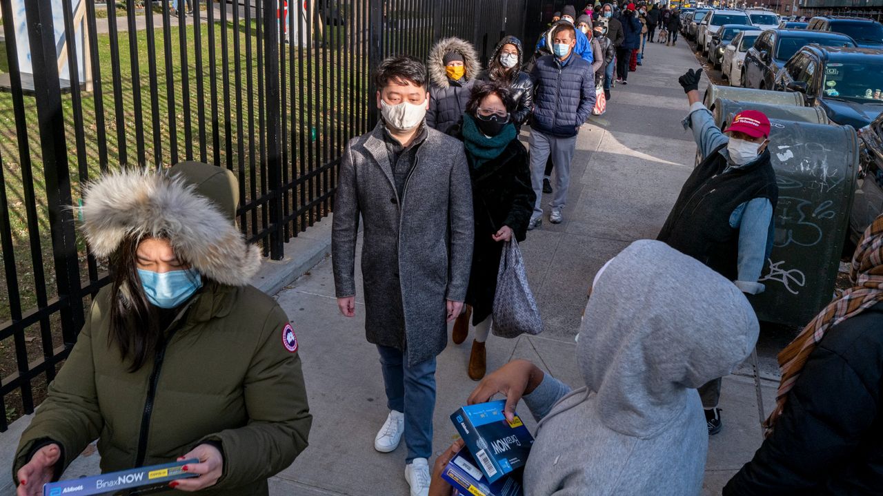 Test kits to detect COVID-19 were distributed in Manhattan, Thursday, Dec. 23, 2021. (AP Photo/Craig Ruttle)