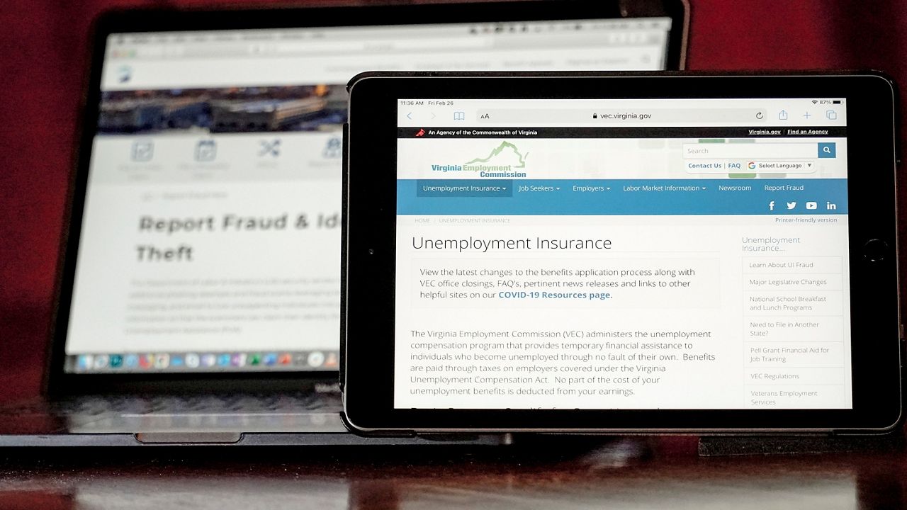 Web pages used to show information for collecting unemployment insurance in Virginia, right, and reporting fraud and identity theft in Pennsylvania, are displayed on the respective state web pages, on Feb. 26, 2021, in Zelienople, Pa. (AP Photo/Keith Srakocic, File)
