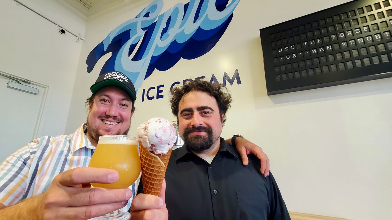 Scoops on Tap owners Sam Howland and Bryan Marasco infuse beer into ice cream in Covina. (Spectrum News/Joseph Pimentel) 