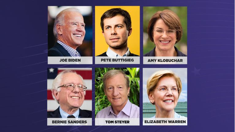 Photos of six Democratic presidential candidates, Joe Biden, Pete Buttigieg, Amy Klobuchar, Bernie Sanders, Tom Steyer, and Elizabeth Warren.