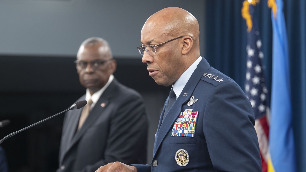 Chairman of the Joint Chiefs of Staff Gen. CQ Brown Jr., speaks during a press briefing with Defense Secretary Lloyd Austin, left, April 26, 2024 at the Pentagon in Washington. (AP Photo/Kevin Wolf, File)