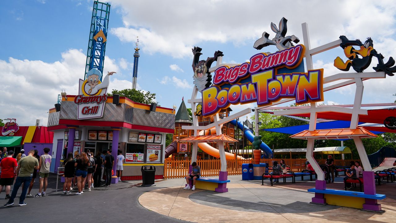 Outside the Bugs Bunny Boomtown section of Six Flags Over Texas where Daffy Duck Bucket Blasters and Sylvester and Tweety Pounce and Bounce are located. (Six Flags)