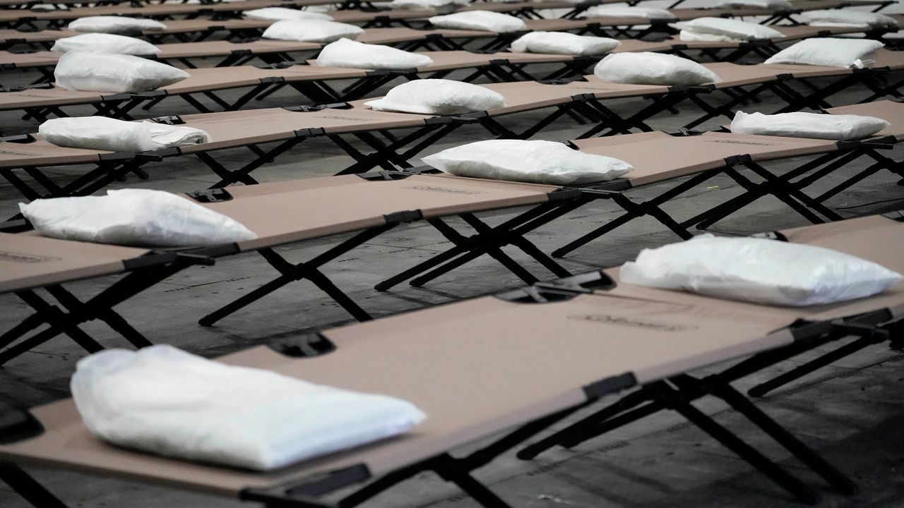 Beds at a migrant shelter are pictured.