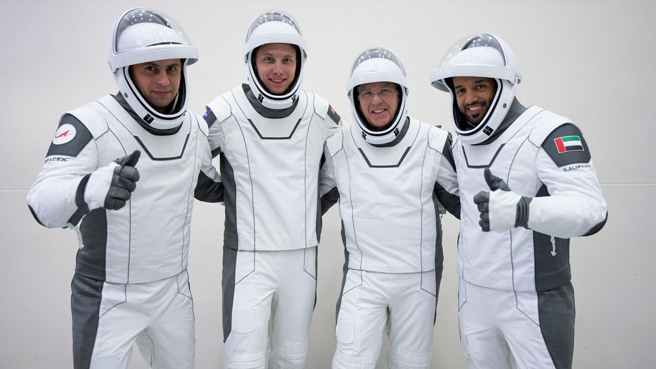 The four members of the Crew-6 mission suited up as they trained for their mission to the International Space Station. From left to right, they are Russian cosmonaut Andrey Fedyaev, NASA astronaut Woody Hoburg, NASA astronaut Stephen Bowen and UAE astronaut Sultan AlNeyadi. (SpaceX)