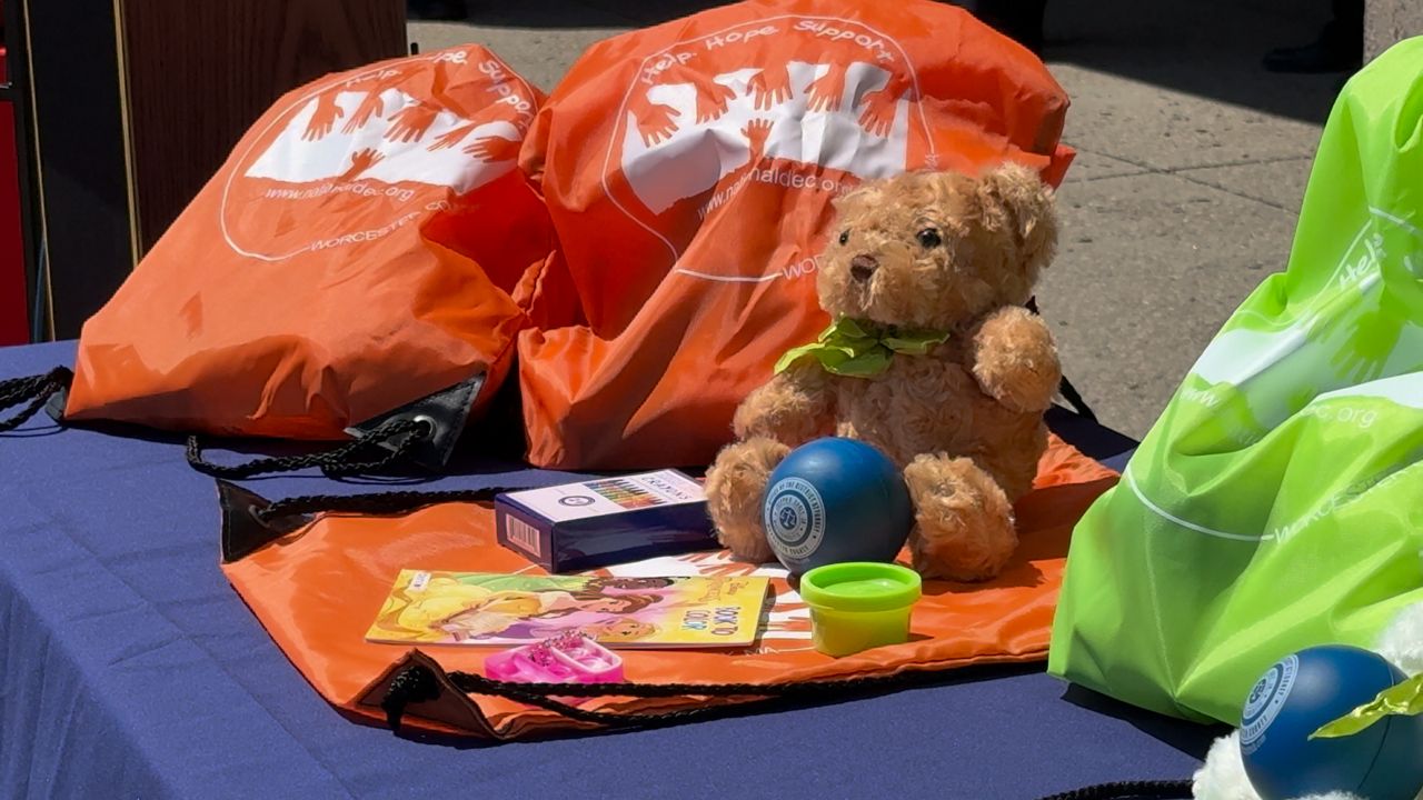 A crisis bag on display outside of the Worcester Police Department on Monday. (Spectrum News 1/Devin Bates)