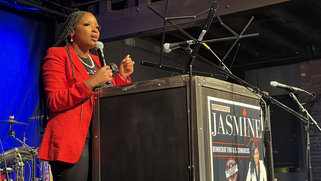 State Representative Jasmine Crockett, candidate for U.S. House District 30, addresses a crowd at her watch party Tuesday night at Gilley's Dallas.  (Photo courtesy: Spectrum News 1)