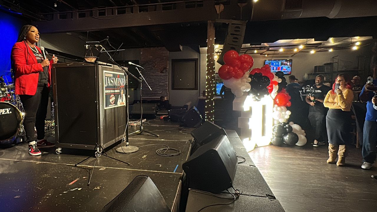 Jasmine Crockett talks to supporters and guests during her watch party at Gilley's Dallas following news of her election to U.S. House District 30. (Photo Courtesy: Spectrum News 1 