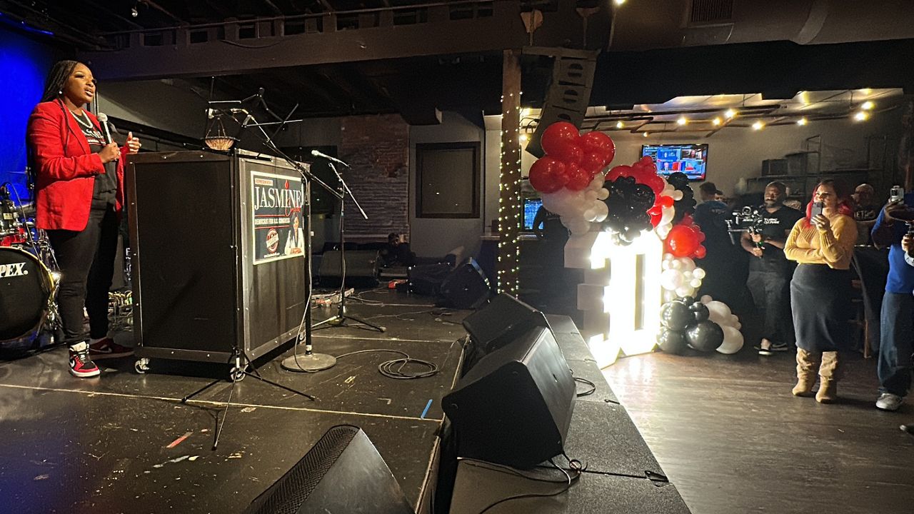 Jasmine Crockett talks to supporters and guests during her watch party at Gilley's Dallas following news of her election to U.S. House District 30. (Spectrum News)