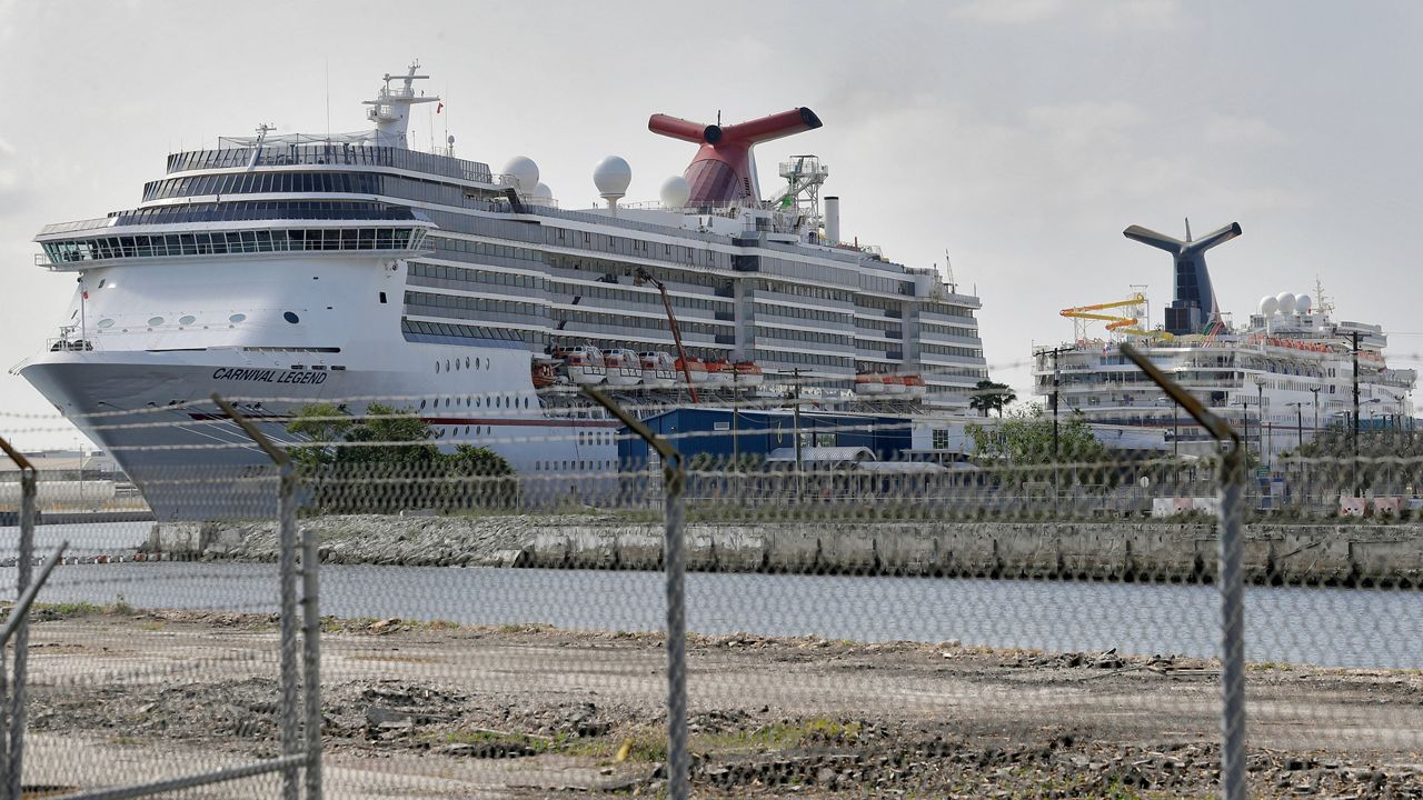 In a Thursday, March 26, 2020 file photo, Carnival Cruise ships are docked at the Port of Tampa in Tampa, Fla. (AP/Chris O'Meara)