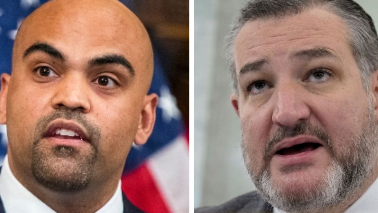 Left: Rep Colin Allred, D-Texas, speaks during a news conference on Capitol Hill in Washington on Wednesday, June 24, 2020. (AP Photo/Manuel Balce Ceneta, File). Right: Sen. Ted Cruz, R-Texas, speaks during a Senate Commerce, Science, and Transportation Committee hearing to examine the implementation of the Aircraft Certification, Safety, and Accountability Act, on Wednesday, March 8, 2023, on Capitol Hill in Washington. (AP Photo/Mariam Zuhaib)