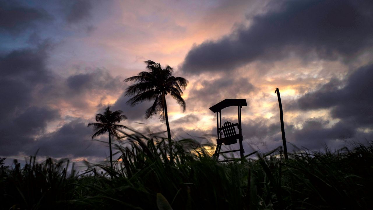 Wind moves the grass and palm trees under a cloudy sky after the passage of Tropical Storm Elsa in Havana, Cuba, Monday, July 5, 2021. (AP Photo/Ramon Espinosa)