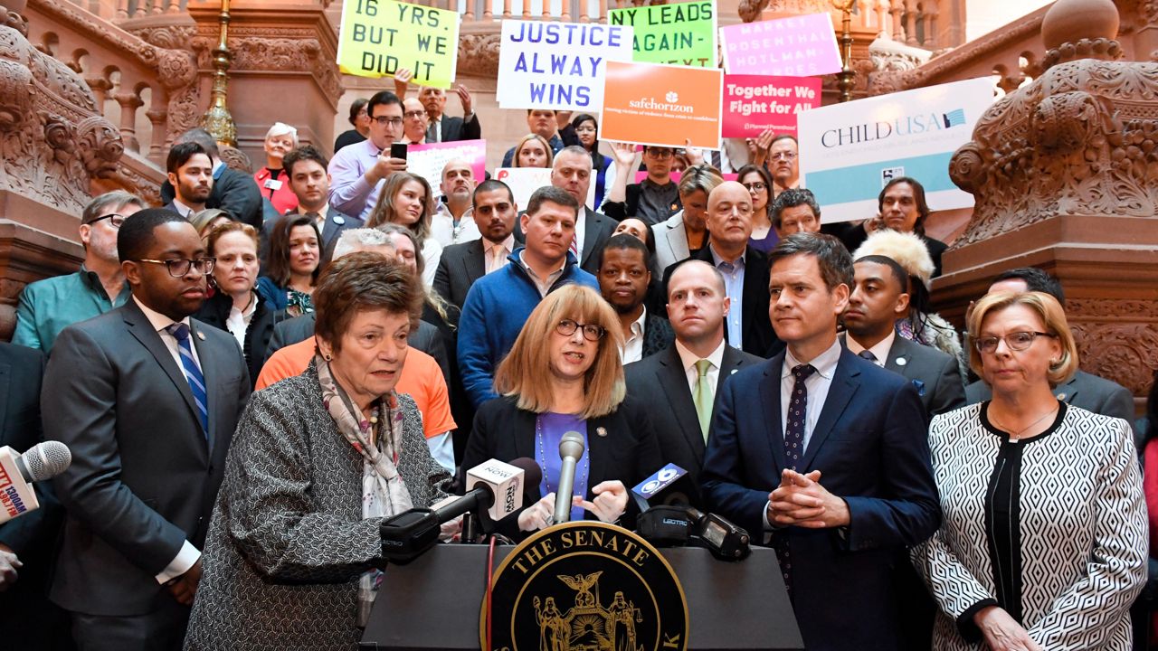 Lawmakers and advocates stand on the steps of the state capitol in Albany ahead of the passing of the Child Victims Act, Jan. 29, 2019. (AP Photo/Hans Pennink)