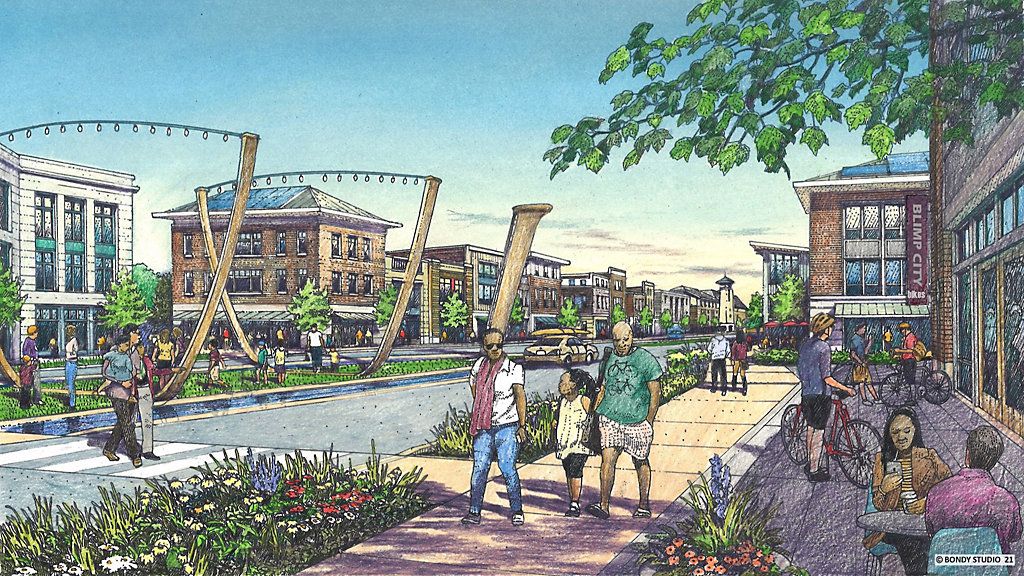 a rendering of people walking on a sidewalk in a neighborhood