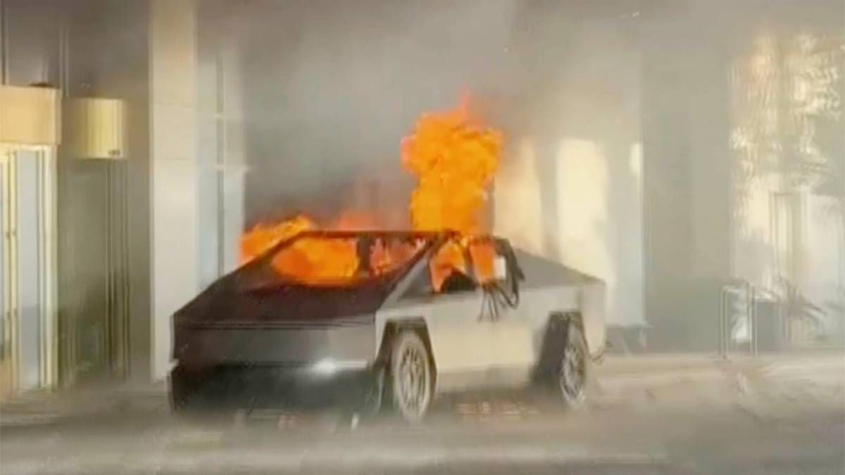 This image provided by Alcides Antunes shows a Tesla Cybertruck that exploded outside President-elect Donald Trump's Las Vegas hotel early Wednesday, Jan. 1, 2025. (Alcides Antunes via AP)