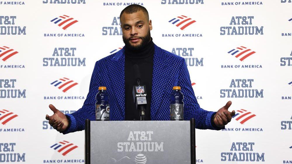 Dallas Cowboys quarterback Dak Prescott speaks during a news conference following an NFL wild-card playoff football game against the San Francisco 49ers in Arlington, Texas, Sunday, Jan. 16, 2022. (AP Photo/Ron Jenkins)