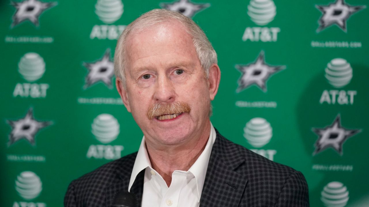 Dallas Stars general manager Jim Nill speaks to reporters about the team's NHL hockey season, May 17, 2022, in Frisco, Texas. The Stars have signed Nill to a one-year contract extension through 2023-24 season.Nill is going into his 10th season with the Stars, which was the last year on his current deal before the extension announced Tuesday, Sept. 13. (AP Photo/LM Otero, File)