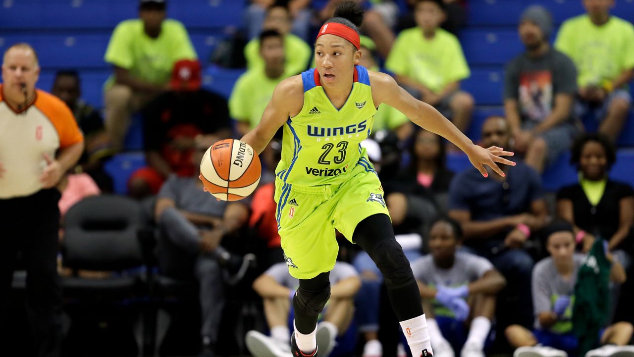 Dallas Wings forward Aerial Powers moves then all up court against the Seattle Storm during a WNBA basketball game, Friday, Aug. 4, 2017, in Arlington, Texas. (AP Photo/Tony Gutierrez)