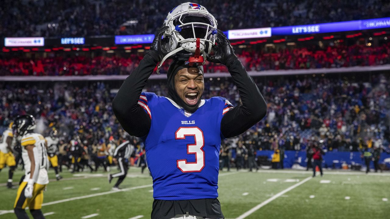 Buffalo Bills safety Damar Hamlin (3) reacts after an NFL wild-card playoff football game, Monday, Jan. 15, 2024, in Orchard Park, NY. Damar Hamlin has nothing more to be afraid of. Having gone from a near-death experience to resuming his football career, the Buffalo Bills safety is free of whatever reservations he experienced with each step of his recovery last year. "My mind is free. My spirit is free. My Soul is free," Hamlin told The Associated Press. (AP Photo/Matt Durisko, File)