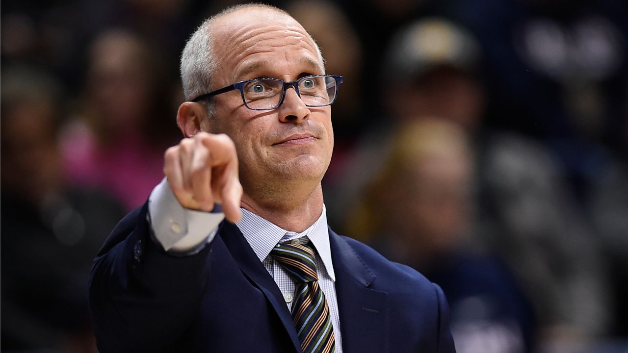 Connecticut coach Dan Hurley gestures to his team during the first half of an NCAA college basketball game against Morehead State in Storrs, Conn., Nov. 8, 2018. (AP Photo/Jessica Hill)