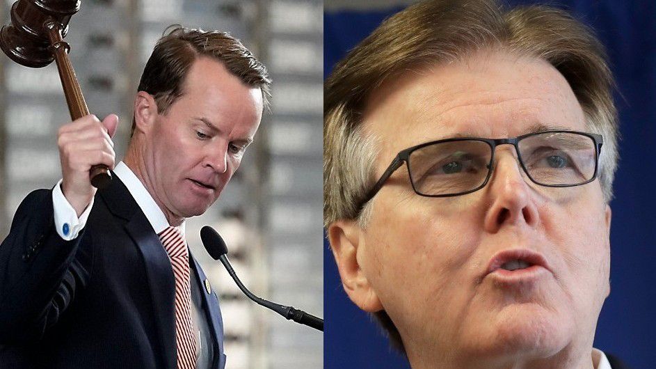 Texas House Speaker Dade Phelan, left, and Texas Lt. Gov. Dan Patrick appear in these file images. (AP Photo)