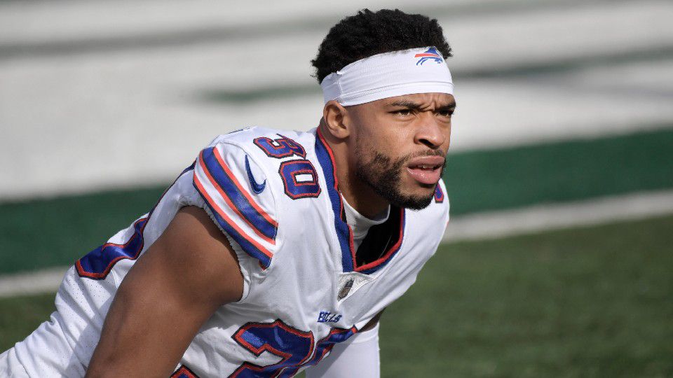 Buffalo Bills' Dane Jackson warms-up before an NFL football game against the New York Jets. (AP Photo/Bill Kostroun)