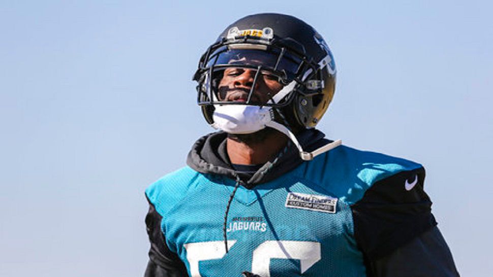 Jacksonville Jaguars defensive end Dante Fowler (56) runs a drill during NFL football practice in Jacksonville, Fla. (AP Photo/Gary McCullough, File)
