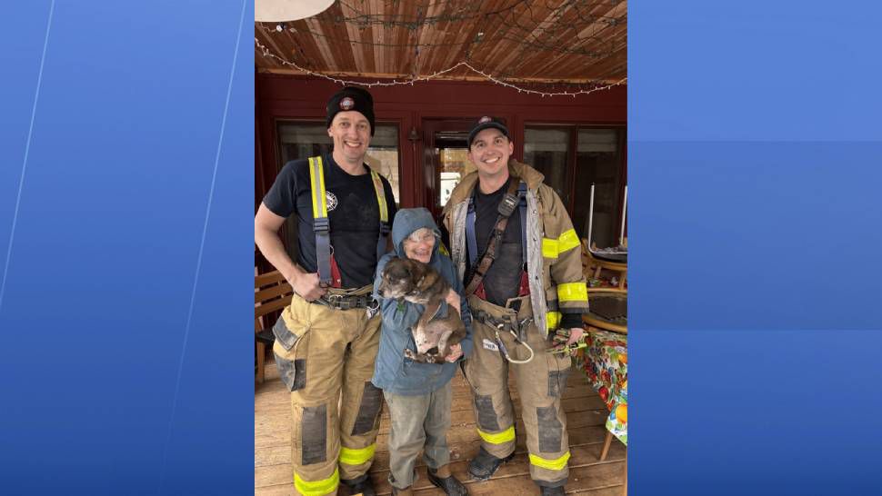 Darcy the dog was reunited with her owner thanks to Madison firefighters Ryan Beckwith and Bradley Hageman. (City of Madison Fire Department)