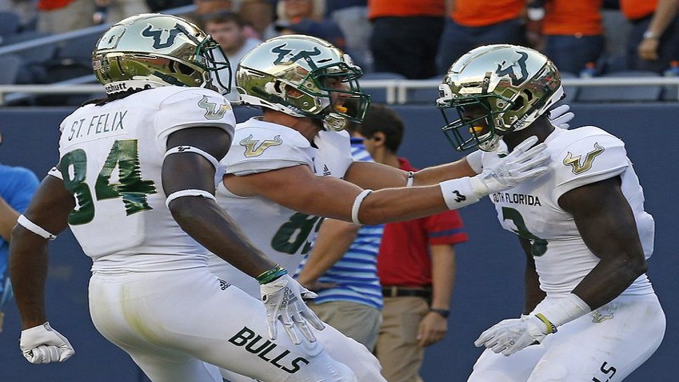 Darnell Salomon reeled in a 50-yard pass with 2:24 left in Saturday's game to give the Bulls a 25-19 lead.
