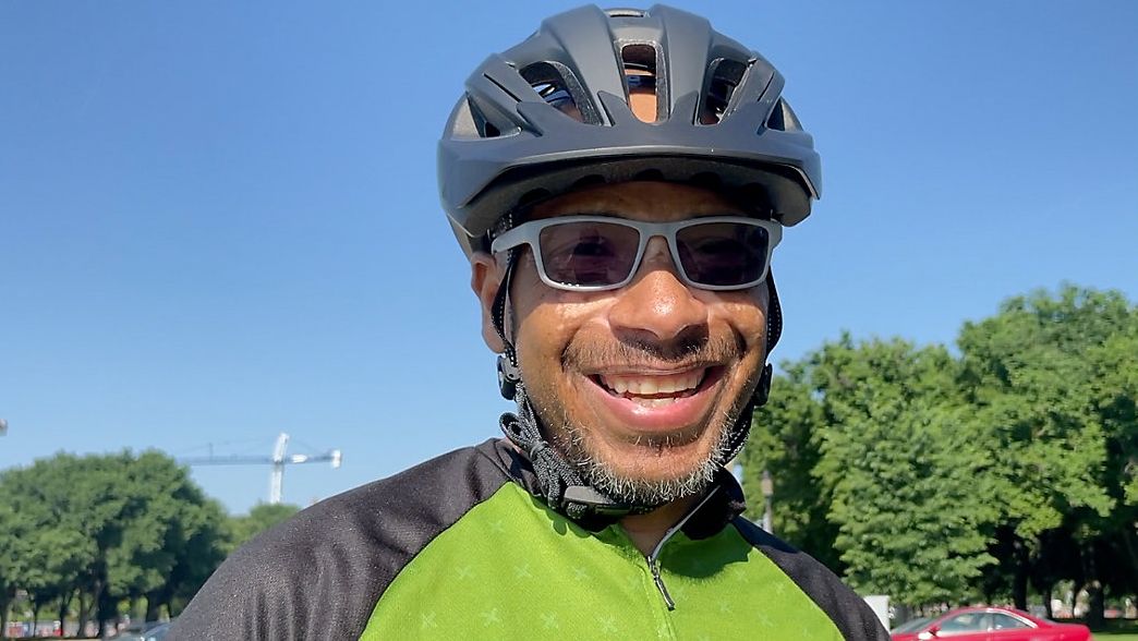 David Davila, a former Army medic from Land O' Lakes, Fla., is one of five veterans biking from Washington D.C. to Washington state on the Great American Rail Trail. (Spectrum News/Corina Cappabianca)