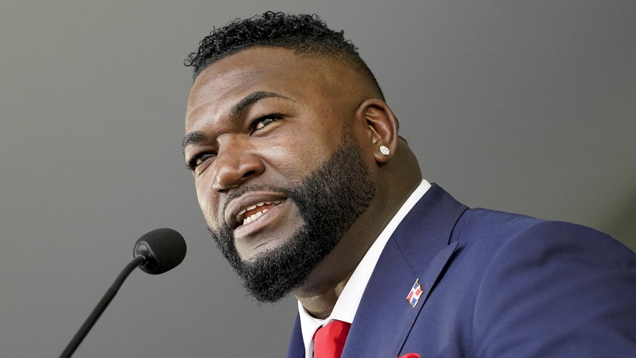 Hall of Fame inductee David Ortiz speaks during the National Baseball Hall of Fame induction ceremony in Cooperstown on July 24, 2022.
