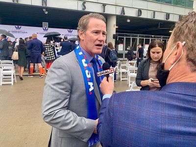 Ohio Lt. Gov. Jon Husted talks to reporters following a media event for Cincinnati's pitch to host the 2026 World Cup (Casey Weldon | Spectrum News 1)