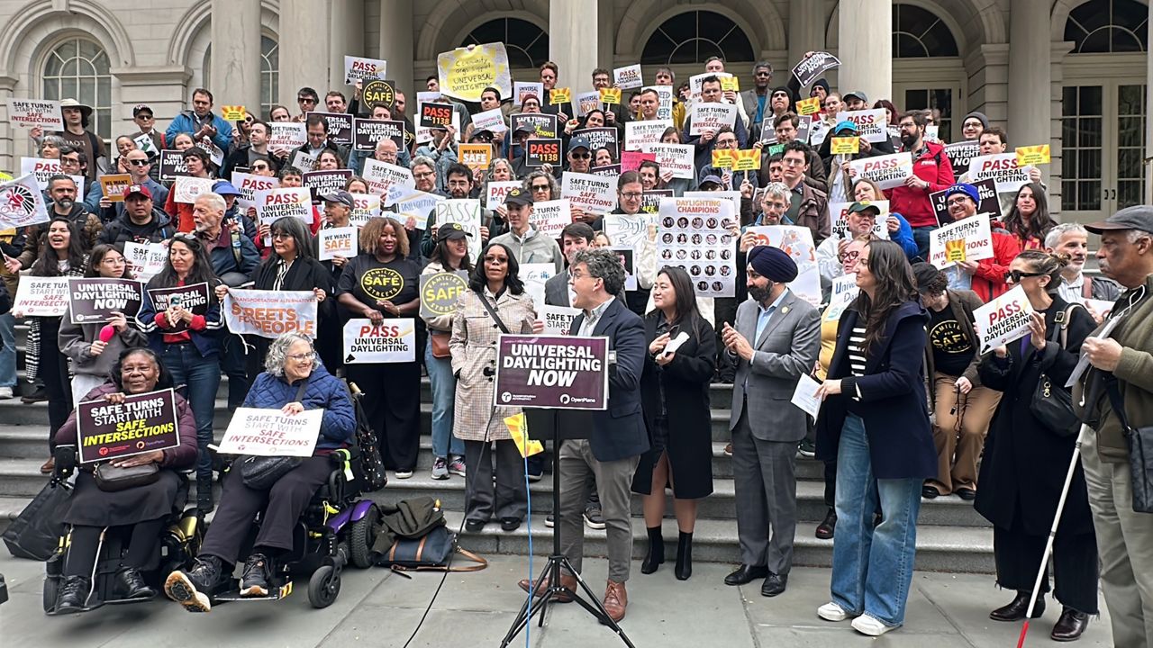 Daylighting is the removal of a parking space next to the crosswalk so drivers can better see around the corner. (Spectrum News NY1/Samantha Liebman)