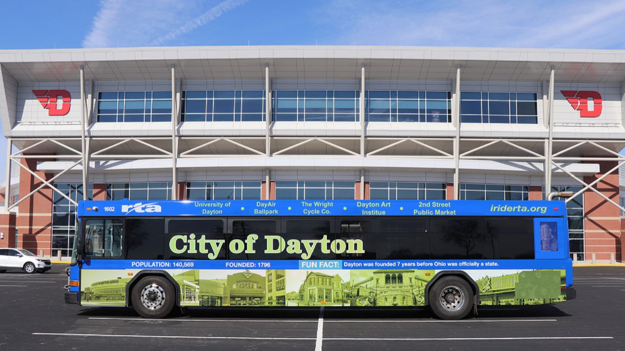 A Greater Dayton RTA bus lined up outside University of Dayton Arena in Dayton, Ohio.