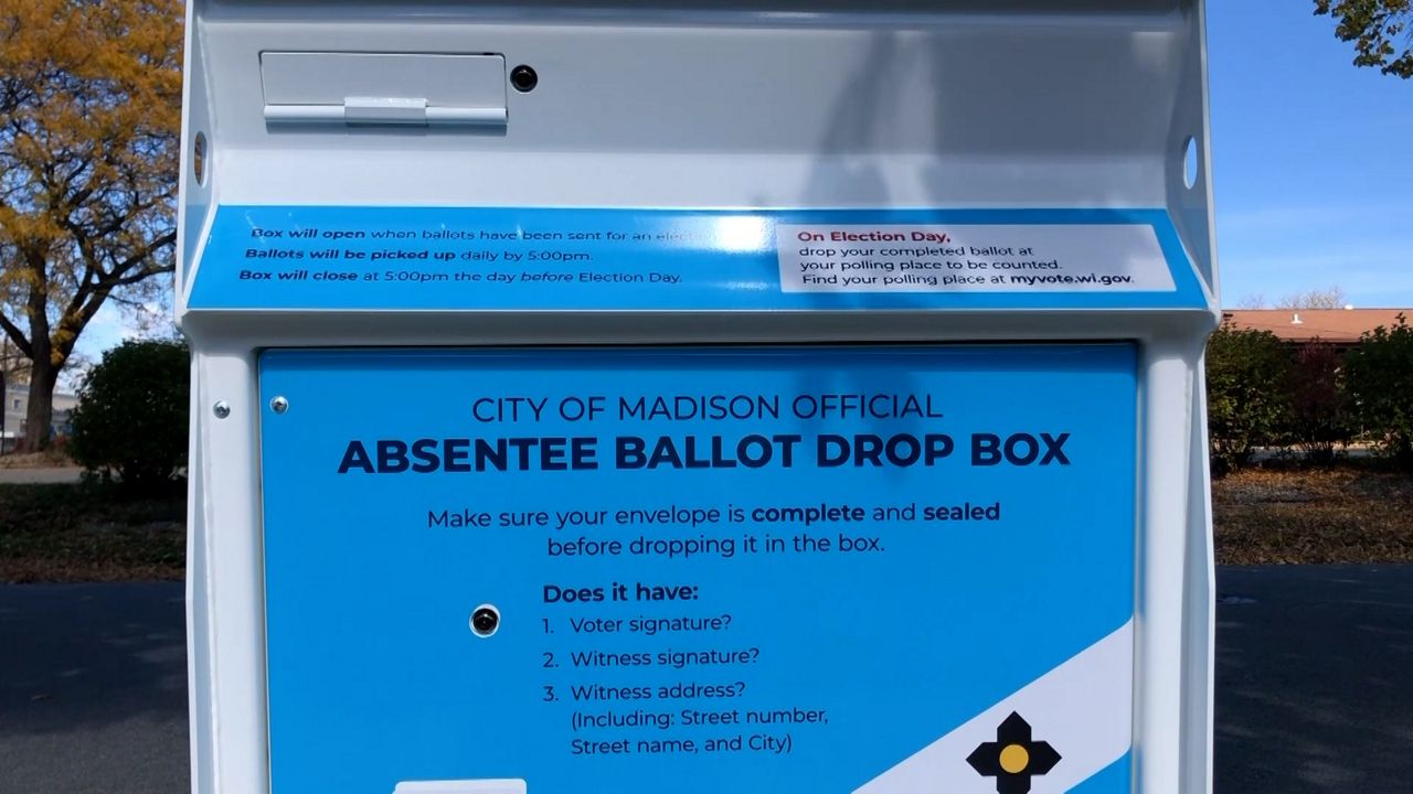 Absentee ballot drop box in Madison, Wis.