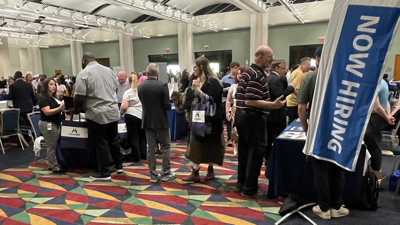 A job fair at the DCU Center in Worcester is pictured.