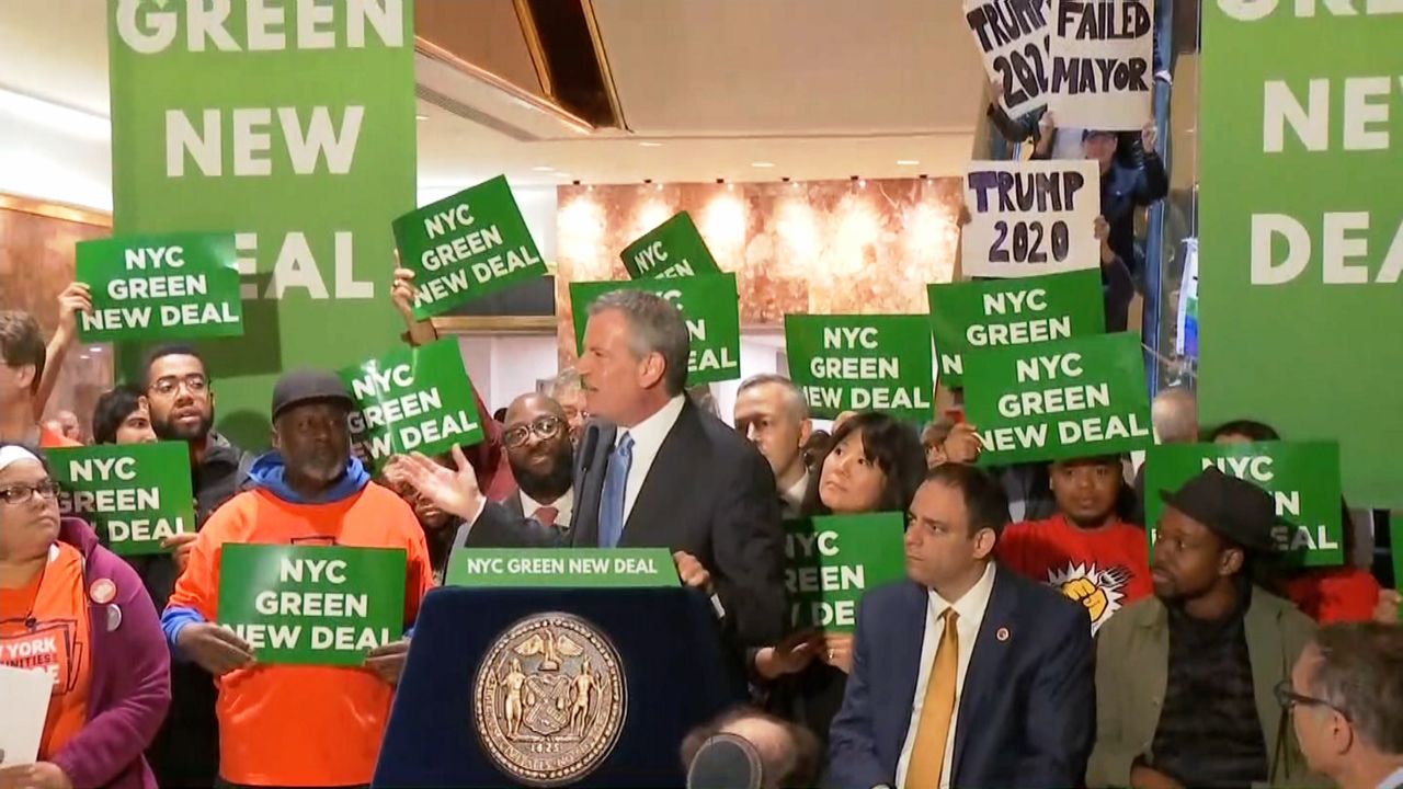 Opponents Greet Mayor at Trump Tower 'NYC Green New Deal' Rally